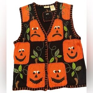 Vtg 90s Bobbie Brooks HALLOWEEN Sweater Vest Pumpkins Jack O Lanterns Sz Small